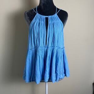 NWT Free People Halter Flowy Gauze Scoop Back Blue Sleeveless Top Size Small